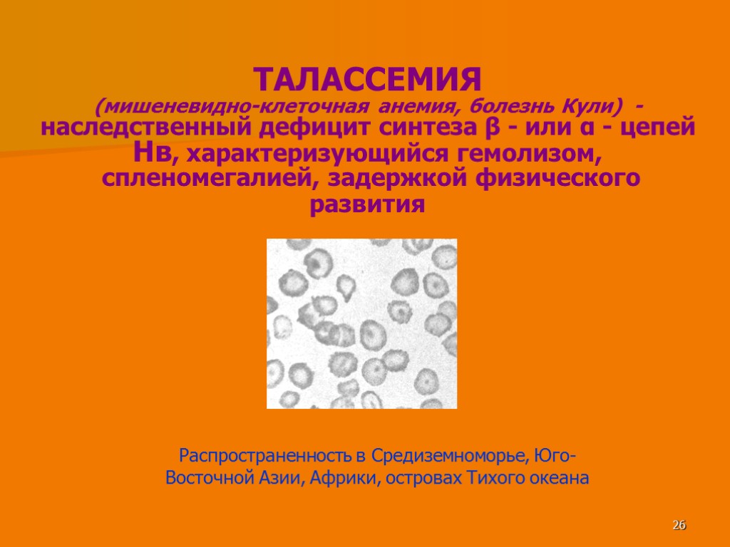 26 ТАЛАССЕМИЯ (мишеневидно-клеточная анемия, болезнь Кули) - наследственный дефицит синтеза β - или α